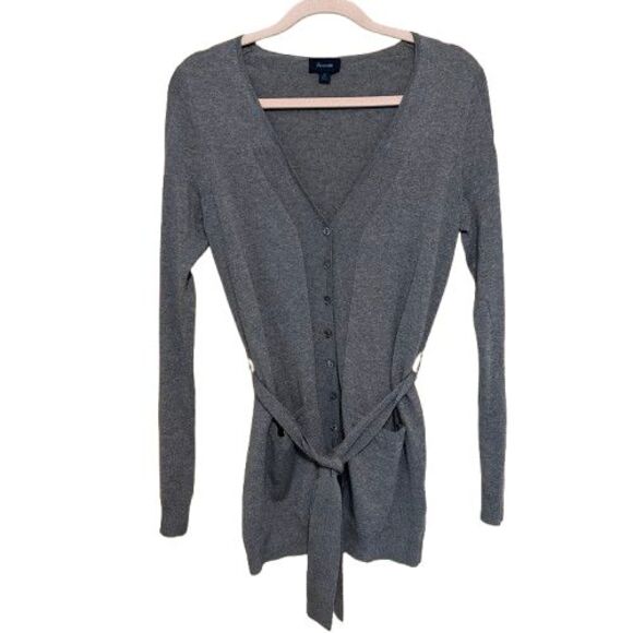 Faconnable 100% Merino Wool Cardigan Sweater Womens Medium Gray Long Line Belted - Picture 1 of 7